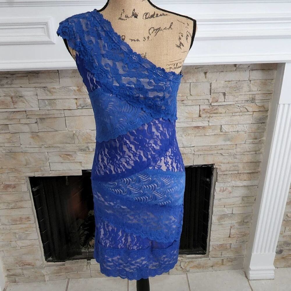 Nordstrom Issue blue lace one shoulder stretch bodycon party dress size small